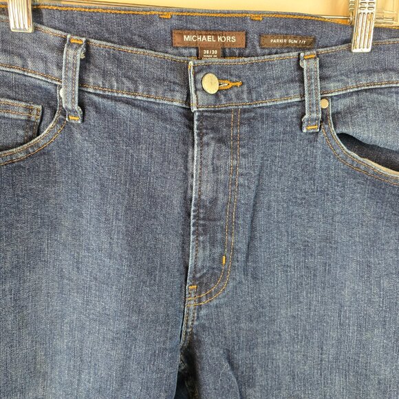 Michael Kors Mens 36x30 Blue Parker Slim Fit Jeans Denim Stretch Cotton Dark A35 - Picture 3 of 11